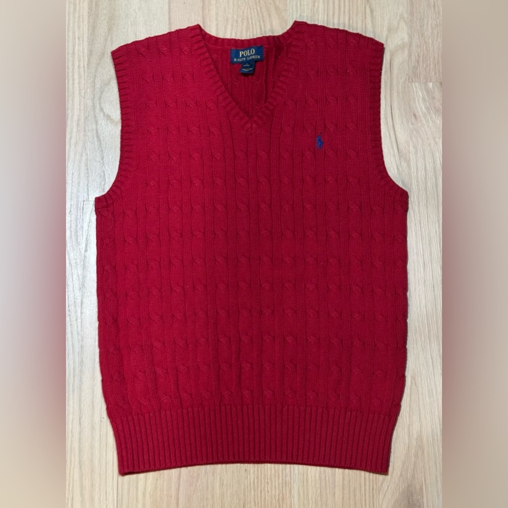 Polo Ralph Lauren Red Cable Knit V-Neck Sweater Top Boy’s L 14 16